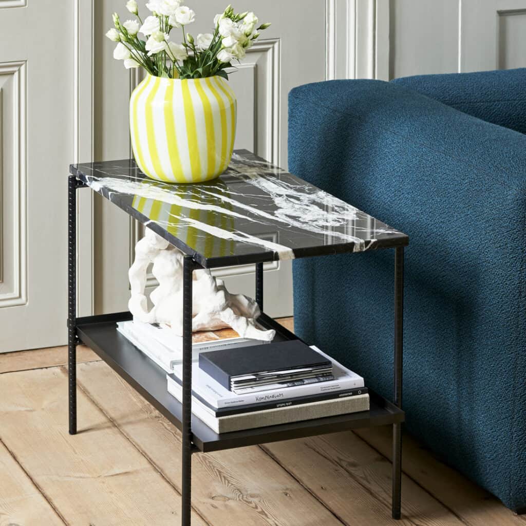 Rebar_Side_Table_soft_black_w_marble_top_Mags_Soft_2,5_seater_Flamiber_petrol_blue_J4_Juice_Vase_wide_yellow
