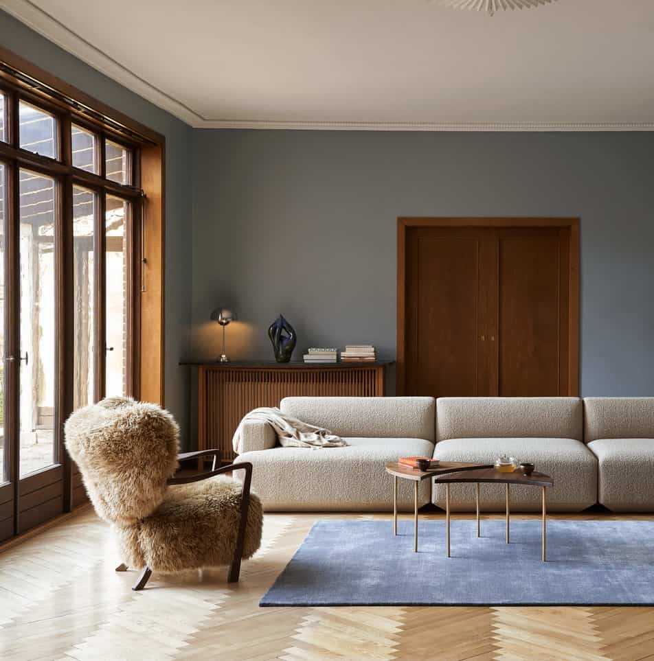 Wulff_ATD2_in_Walnut_w._Sheepskin_Honey_50mm_I_Pinwheel_HM7_in_Oiled_Walnut_w._Brass_I_Develius_EV2A,_EV2C,_EV2_w._Karakorum_I_Flowerpot_VP3_w._Polished_Stainless_Steel_I_Untitled_AP10_w._Light_Beige