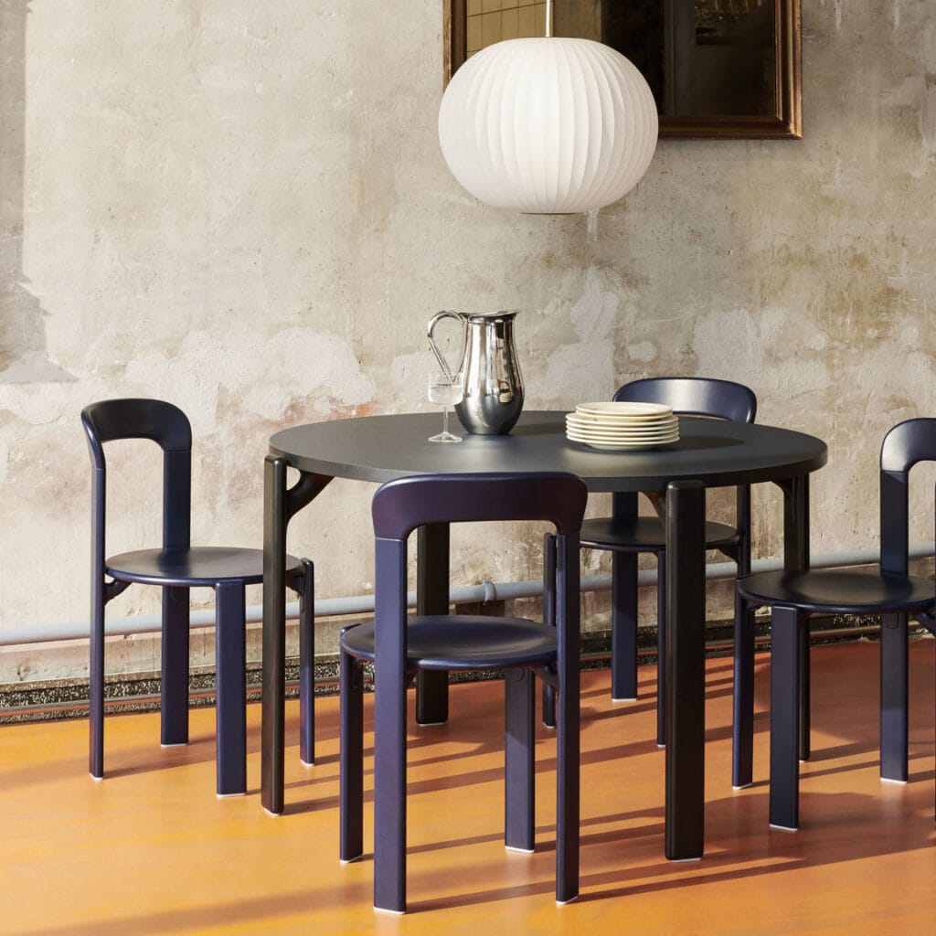 Rey_Chair_deep_blue_wb_lacquer_beech_Rey_Dining_Table_vulcano_laminate_deep_black_wb_lacquer_beech_base_Nelson_Ball_Bubble_Pendant