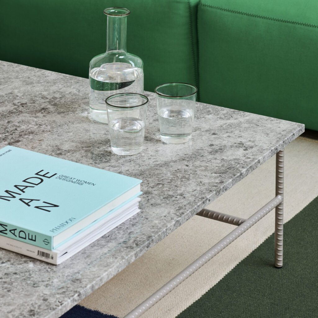 Mags_Soft_Low_Armrest_2_seater_Planar_732_black_stitches_Rebar_Coffee_Table_L80xW84xH33_grey_marble_tabletop_fossil_grey_powder_coated_steel_Ethan_Cook_Flat_Works_200x300_peach_green_check_01