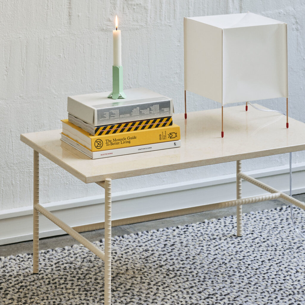 Rebar_Coffee_Table_L80xW49xH40.5_beige_marble_tabletop_alabaster_powder_coated_steel_frame_Paper_Cube_Table_Lamp_Braided_Rug_140x200_grey